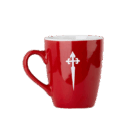 Taza roja con cruz blanca, ideal para devotos y seguidores de los Heraldos del Evangelio.