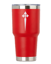 Vaso térmico rojo con cruz blanca, símbolo de fe y devoción promovido por los Heraldos del Evangelio.