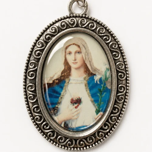 Medalla Inmaculado Corazón Ovalada argolla fija plateada 4 cms