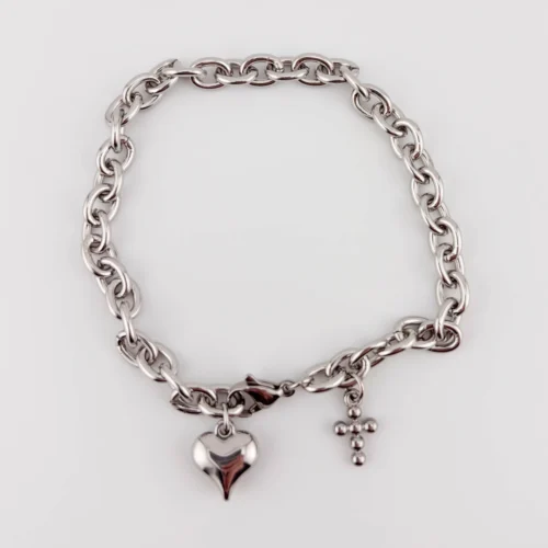 Pulsera Acero inoxidable plateada corazón y cruz