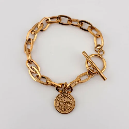 Pulseras San Benito eslabones acero inoxidable doradas