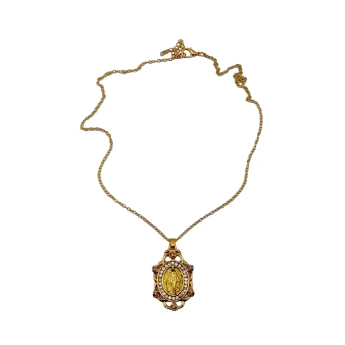 015CA0025 Cadena y dije de la Virgen María dorada con circonias rosadas