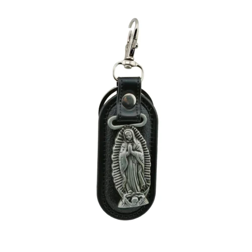 015LL0011 Llaveros de cuero sintetico con Virgen de Guadalupe plateada