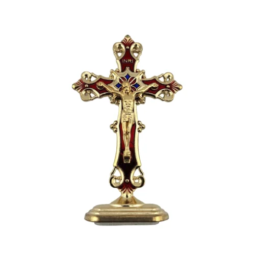 016AR0108 Estatua de Cruz de Metal INRI con pegatina DORADA Y ROJO