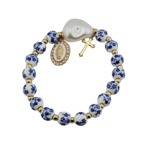 020PU0034 Pulsera con colgante de cruz de ceramica porcelana azul y blanco